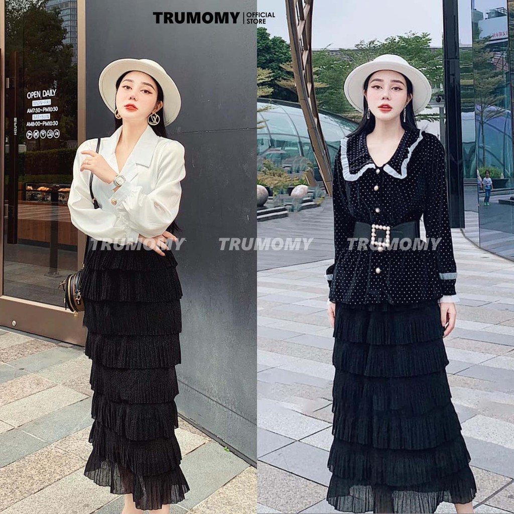 Chân váy 8 tầng nhũ dài midi có dập ly nhỏ Quảng Châu 2 lớp, cạp cao, lưng thun- Trumomy | BigBuy360 - bigbuy360.vn