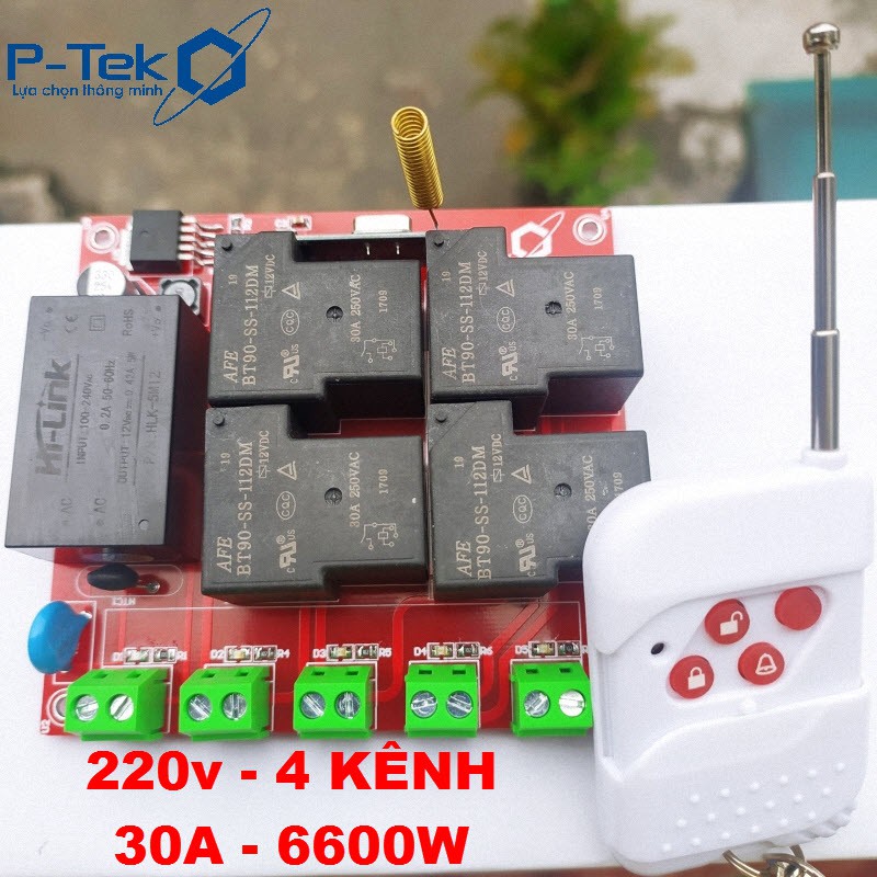 Bộ Công tắc điều khiển từ xa P-TEK KD04, RF433 220V 4 KÊNH - 30A - 6600W