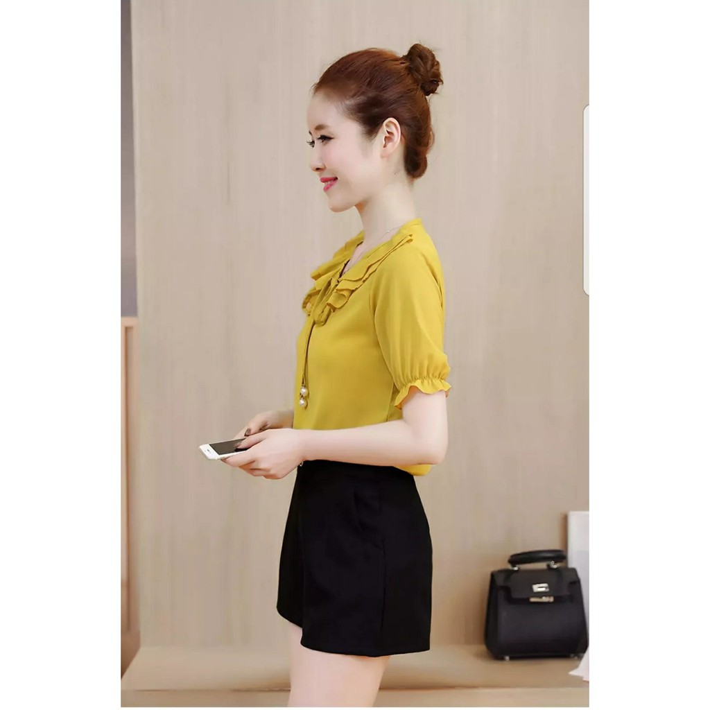 Sơ mi nữ cổ bèo tròn thắt nơ nhún tay bo nữ tính 💕 công sở💕 | BigBuy360 - bigbuy360.vn
