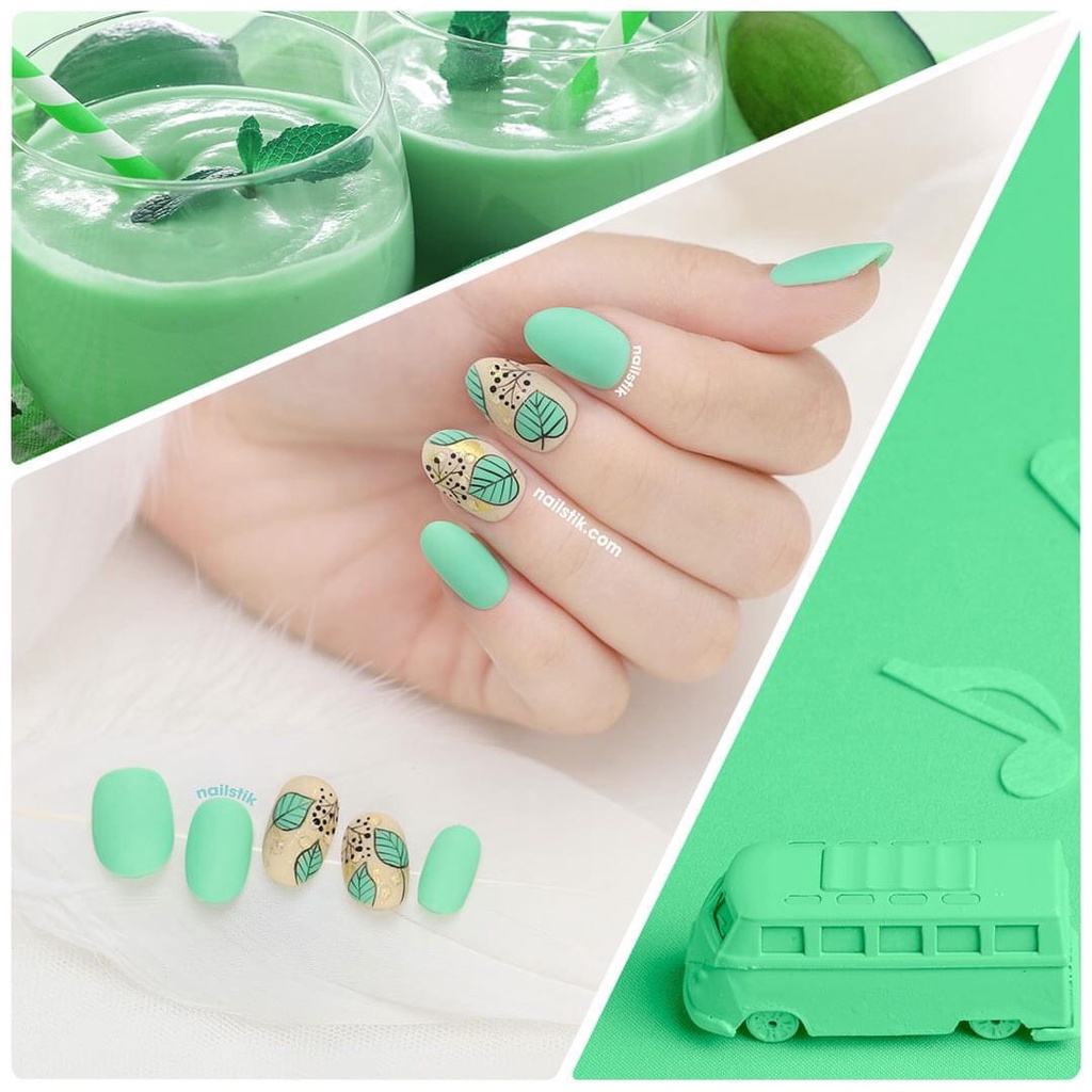 Móng úp thiết kế by NAILSTIK, màu xanh lá, da, form móng bầu, ngắn/dài, 093