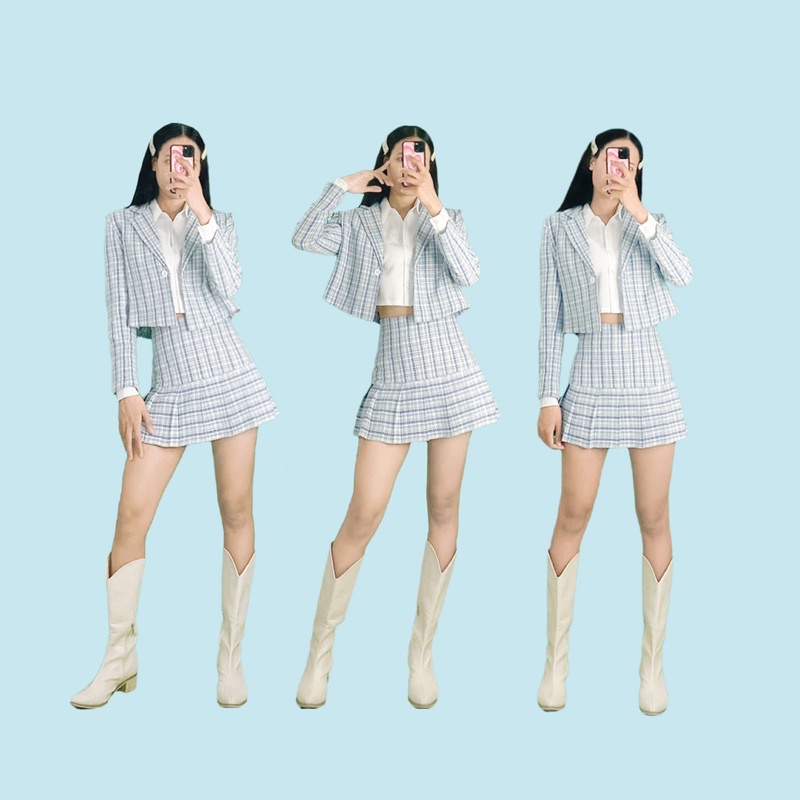 DALLA Set áo vest blazer nữ croptop tay dài sọc CARO XANH Dalla Saigon