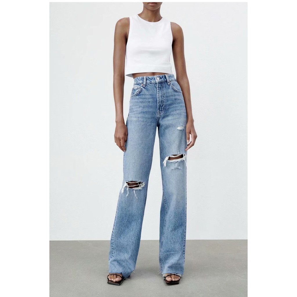 QUẦN JEANS RÁCH DÁNG WIDE LEG MÀU XANH - 6045/227