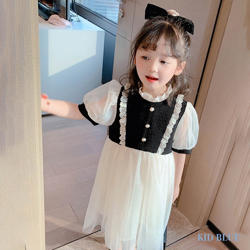 Đầm Công Chúa Cổ Tròn Phối Ren Lưới Phong Cách Phương Tây Thời Trang Mùa Hè Cho Bé Gái