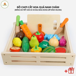 ĐỒ CHƠI CẮT HOA QUẢ, RAU CỦ NAM CHÂM BẰNG GỖ CAO CẤP CÓ KHAY ĐỰNG (RIÊNG CON CÁ VÀ RAU BINA SỬ DỤNG LỚP DÍNH VELCRO)