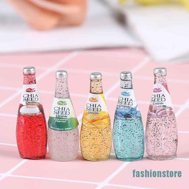 Set 5 mô hình chai nước uống trái cây mini tỉ lệ 1/ 12 trang trí nhà búp bê