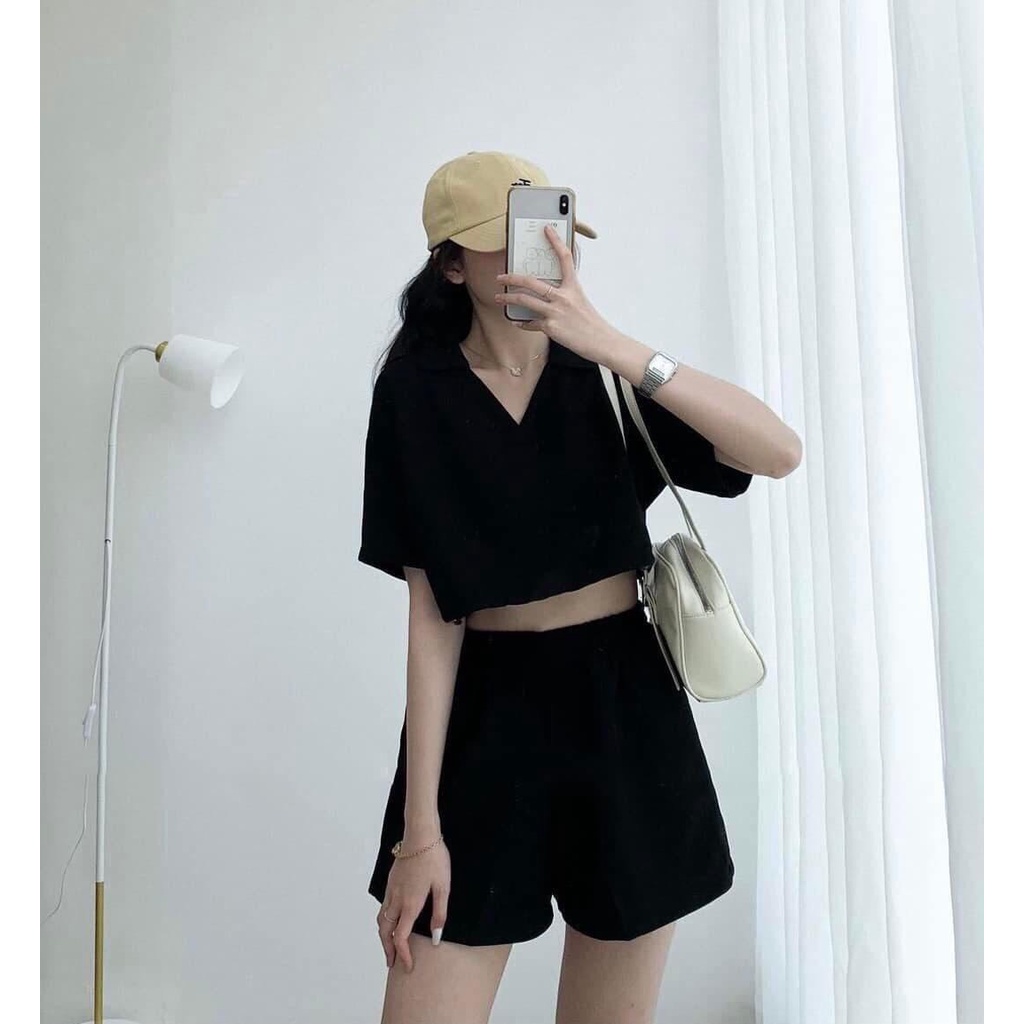SÉT BỘ ÁO CROPTOP RÚT EO TAY LỬNG MIX QUẦN