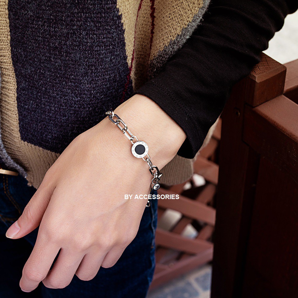 Lắc tay titan xích chữ nhật bầu phối mặt tròn khắc số la mã không gỉ UB200305