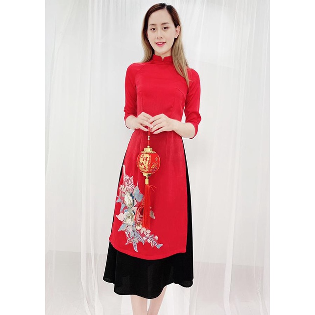 SHOPPRO - Set Áo Dài Cách Tân Tay Lỡ Gấm Hoa Họa Tiết Kèm Bông Thêu Kèm Chân Váy 3151 3152 3164