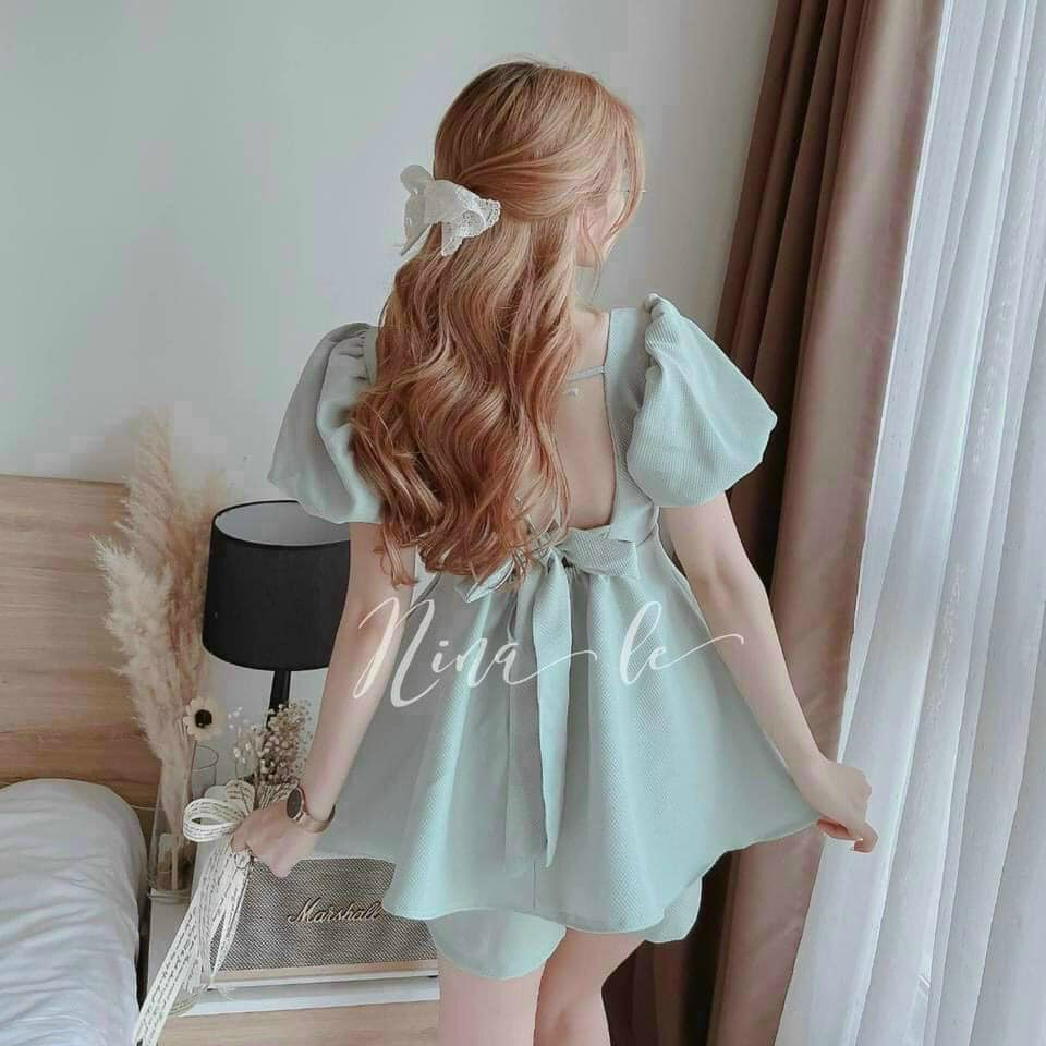 Set bộ quần đùi áo kiểu thắc nơ sau lưng dáng xòe