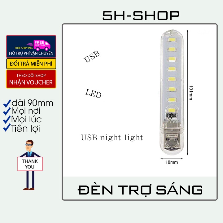 Đèn trợ sáng 8 bóng Led siêu sáng sử dụng cổng sạc USB , thích hợp ban đêm cắm trại phượt.5H