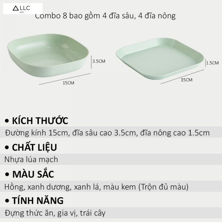 Set 8 đĩa lúa mạch đựng hoa quả, thực phẩm 4 nông, 4 sâu, đầy đủ màu sắc