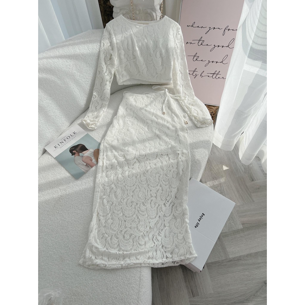 SET ÁO TAY DÀI REN TRẮNG + CHÂN VÁY MIDI THẮT DÂY EO