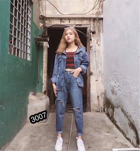 Quần baggy jean, quần bò baggy 9 tấc lưng cao rách