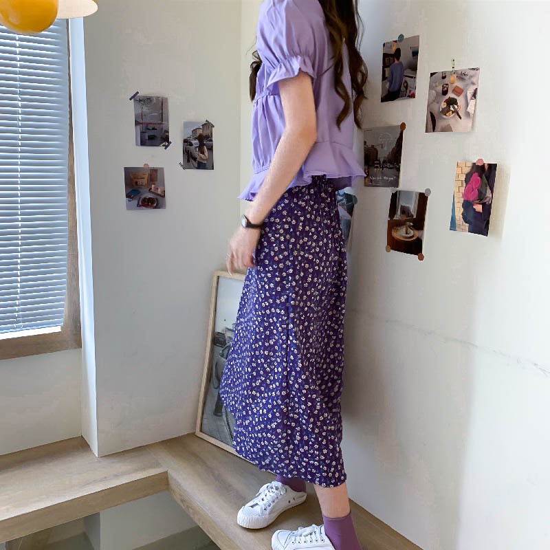 (SẴN HÀNG) Chân váy hoa nhí midi màu tím retro dáng dài style vintage Hàn Quốc điệu hè 2020 | BigBuy360 - bigbuy360.vn
