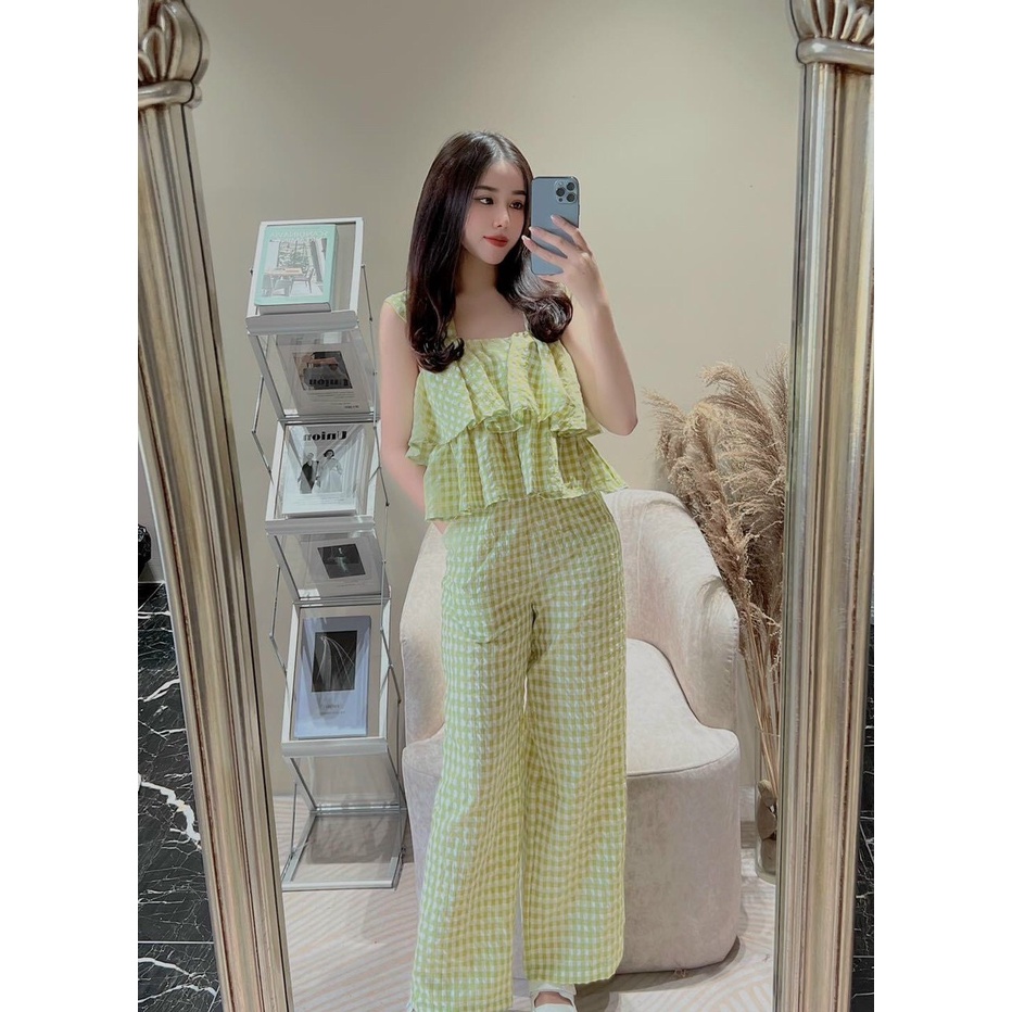 [8.8 Sales Freeship] Set bộ bèo xốp tiểu thư, set bộ xốp caro cánh tiên bèo 2 tầng quần dài ống rộng dễ thương dx