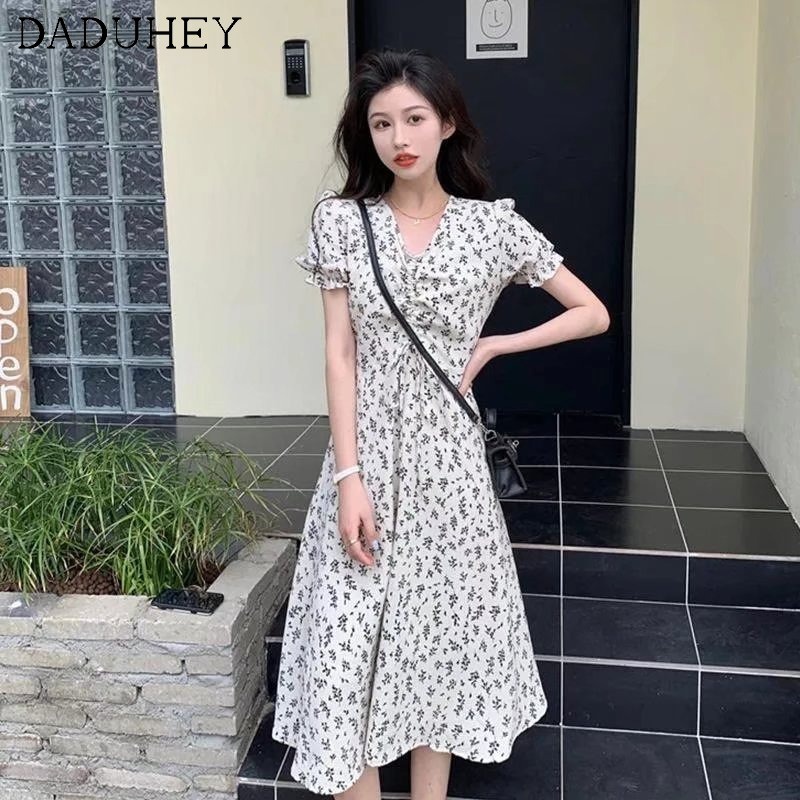 Đầm dáng dài Daduhey dáng chữ A cổ chữ V họa tiết hoa phong cách Pháp thời trang mùa hè cho nữ có size ngoại cỡ