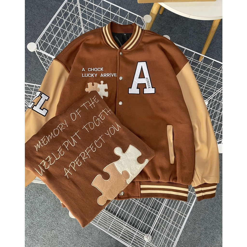 Áo khoác bomber jacket nam nữ phối Nâu tay da Boin shop thêu Lucky 2 lớp, chất nỉ bông siêu đẹp Phong cách ulzzang hàn