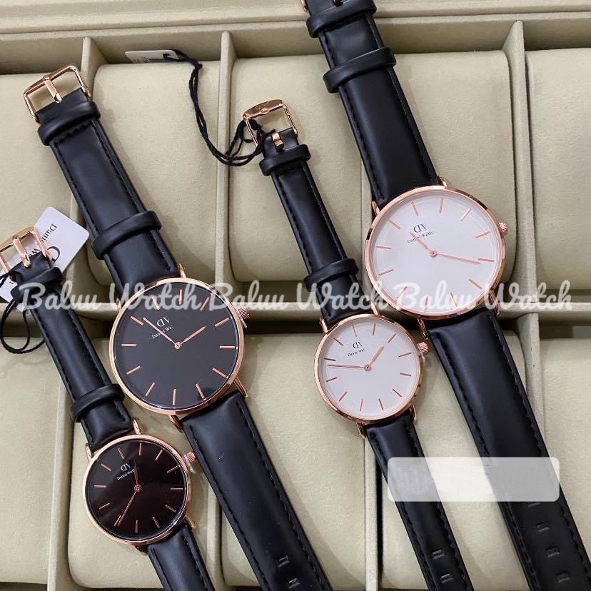 Đồng hồ kim nam nữ mặt trắng dây da đen