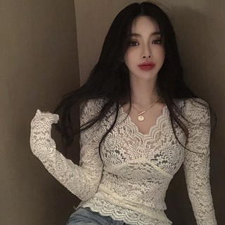 (ORDER - Sẵn Đen) Áo ren dài tay cổ V ôm eo ngực thon gọn sexy điệu đà tiểu thư sang chảnh