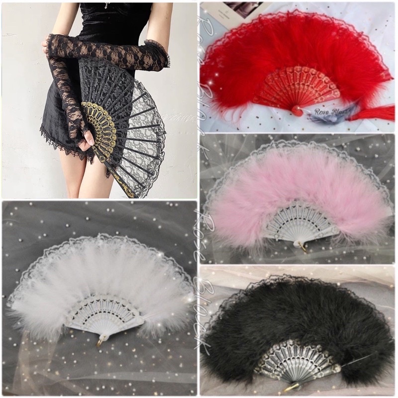 Quạt ren cầm tay phối lông vũ cosplay cổ trang, lolita, quạt múa văn nghệ và chụp ảnh nghệ thuật QL-7304