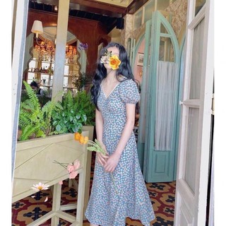 ⚡️BÁN SỈ⚡️Đầm hoa nhí dáng xoè màu xanh viền ren 2lớp