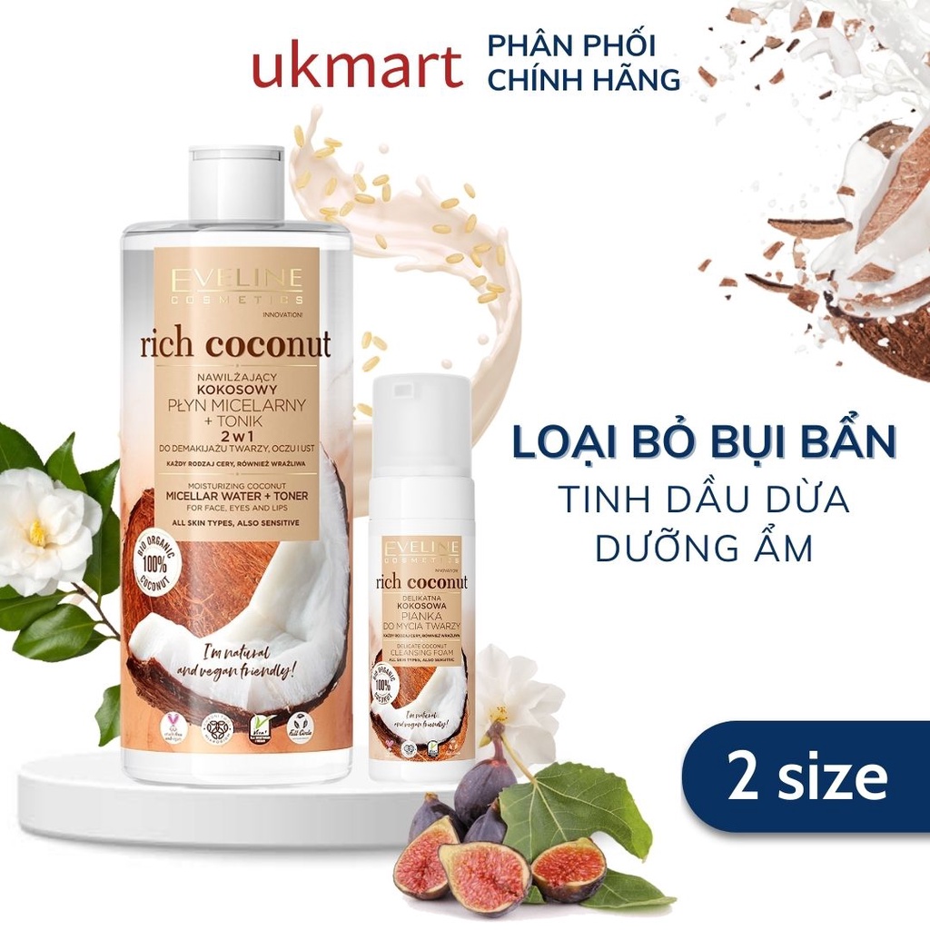 [Date Cận] Nước Tẩy Trang Eveline Rich Coconut Dưỡng Ẩm Tinh Dầu Dừa 2 Tác Động 150ml 500ml