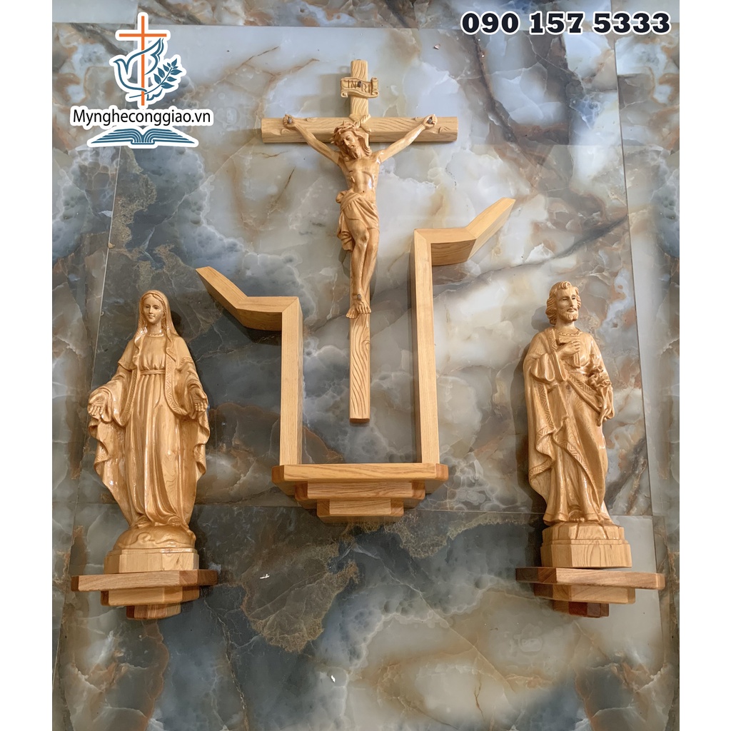 Mẫu Kệ Gỗ Tay Nến Để Tượng 40cm | Bàn Thờ Công Giáo Bằng Gỗ | Bàn Thờ Chúa Treo Tường