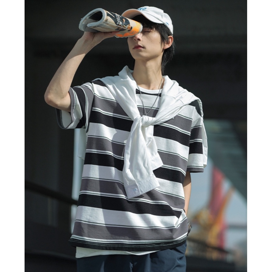 Áo thun kẻ tay lỡ 100% cotton logo cao su nam nữ  MEANSTORE phông in hình cotton vải mát form rộng phong cách Hàn Quốc