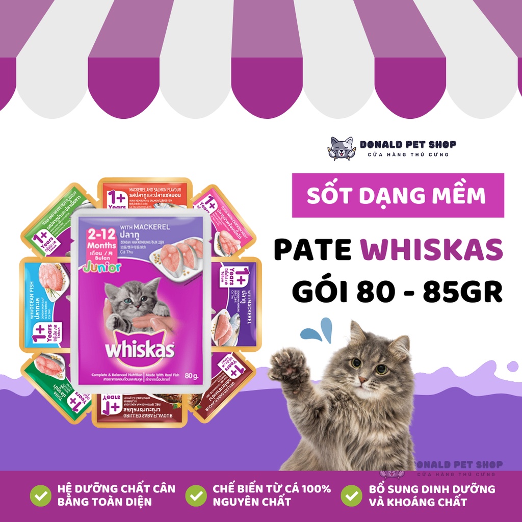 Pate Whiskas dạng sốt thơm ngon gói 85gr bổ sung nguồn dinh dưỡng, khoáng chất cần thiết ở mèo Donald Pet Shop