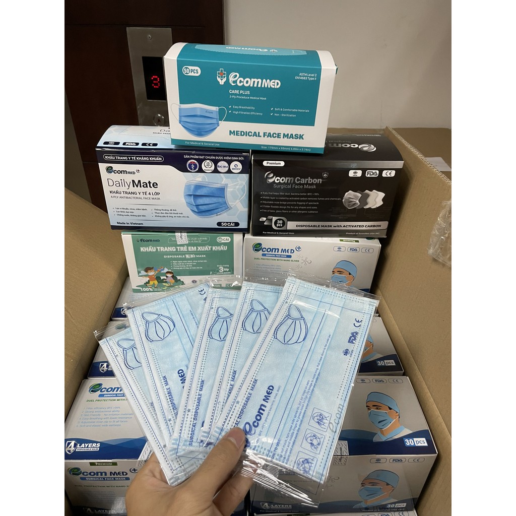 Khẩu Trang Y Tế EcomMed Đóng Gói Từng Cái EcomMed 4 Lớp Thông Thoáng Không Đau Tai - Kháng Khuẩn 99% [Hộp 30/Cái]