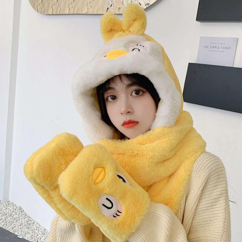 Nón Khăn Choàng Cổ 3 Trong 1 Kèm Găng Tay Giữ Ấm Mùa Đông Kiểu Dáng Hoạt Hình Dễ Thương Dành Cho Nữ