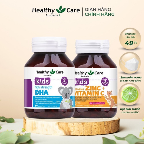 Healthy Care DHA  và kẽm &amp; vitamin C Healthy Care Kids, Combo tăng đề kháng, phát triển trí thông minh cho bé 60 viên