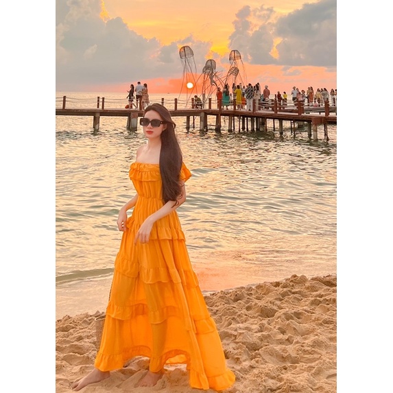 ❌Sale xã kho❌ chủ Đầm maxi trễ vai 5 tầng nhún thun eo đi biển du lịch 3 màu