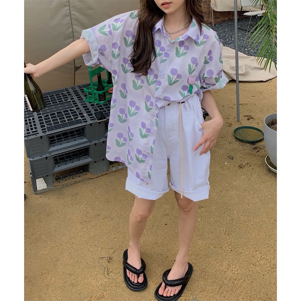 Áo Sơ Mi Ngắn Tay Dáng Rộng In Hình Hoa tulip Thời Trang Mùa Hè Giản Dị Dành Cho Nữ