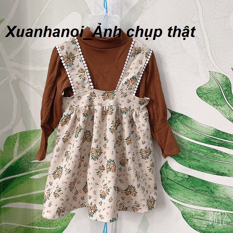 Váy bé gái dài tay yếm hoa nhung tăm và áo thun cổ 3p 2 mầu Nâu/Xanh, áo rời váy yếm XHN1080