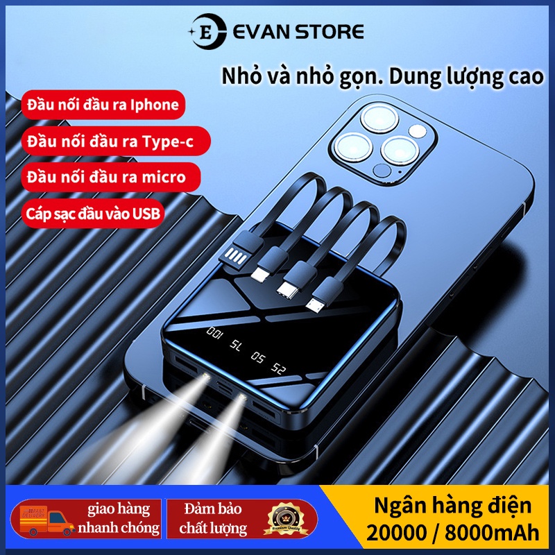 Sạc dự phòng dung lượng lớn 8000/20000MAh có đèn pin , màn hình led hiện thị phần trăm pin，Đi kèm với bốn cáp sạc