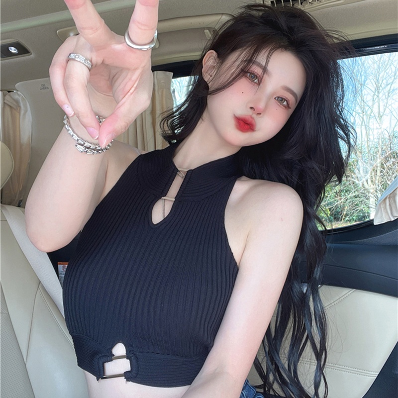 Áo Croptop Dệt Kim Không Tay Màu Trơn Dáng Ôm Gợi Cảm Cho Nữ