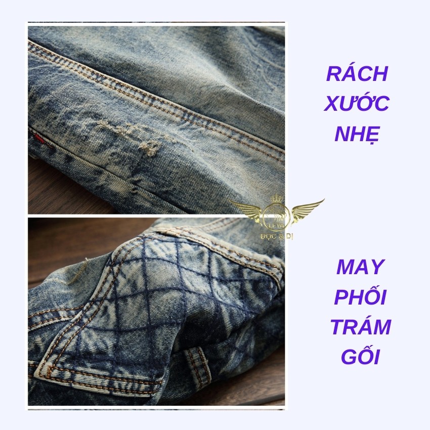 Quần jean nam ống suông cao cấp độc lạ LEVAMEN chất liệu cotton không co giãn Motorbike nhăn gối may phối chỉ QJ060 | BigBuy360 - bigbuy360.vn