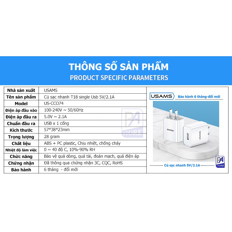 Củ Sạc Nhanh 5V/2.1A - Hàng Chất Lượng Cao USAMS