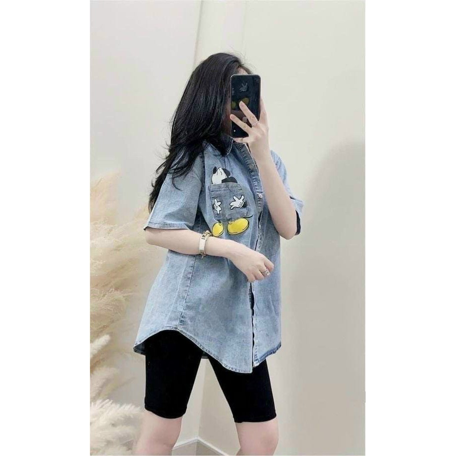 Set sơ mi nữ jean form rộng tay ngắn thêu hình chuột mix quần ngố lss