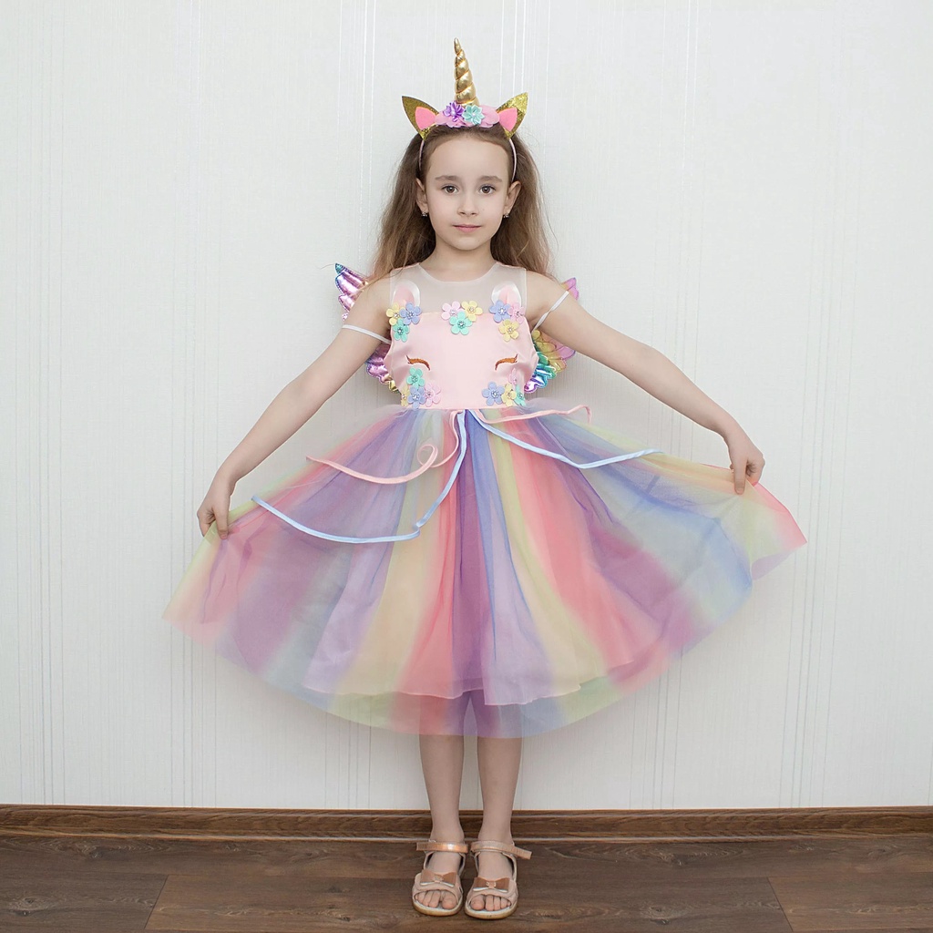 Đầm Công Chúa In Hình Kỳ Lân Cho Bé Gái