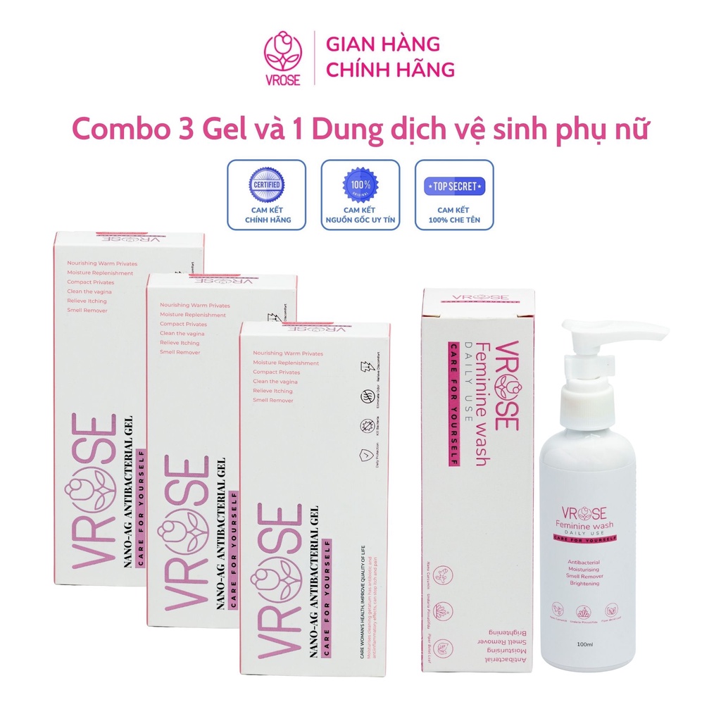Combo 3 hộp gel phụ khoa và dung dịch vệ sinh nano Vrose