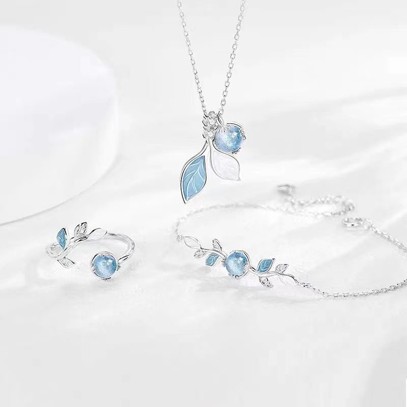 Dây Chuyền/Nhẫn/Vòng Tay Bằng Bạc 925 Hình Chiếc Lá Đính Đá Pha Lê Xanh Dương Sang Trọng Thời Trang Cao Cấp 2022 Cho Nữ