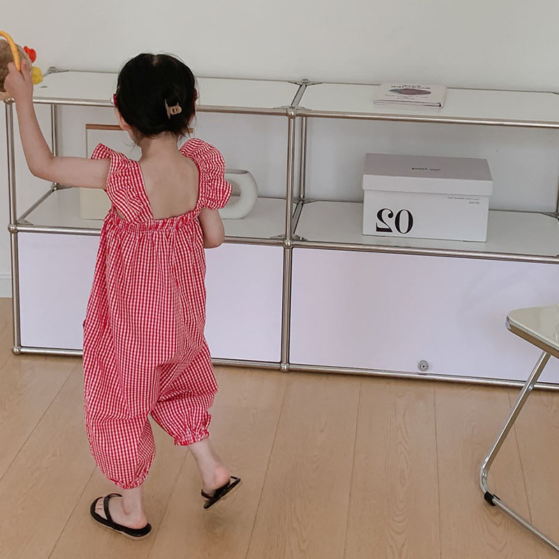 Jumpsuit Tay Cánh Tiên Họa Tiết Ca Rô Phong Cách Hàn Quốc Dành Cho Bé Gái