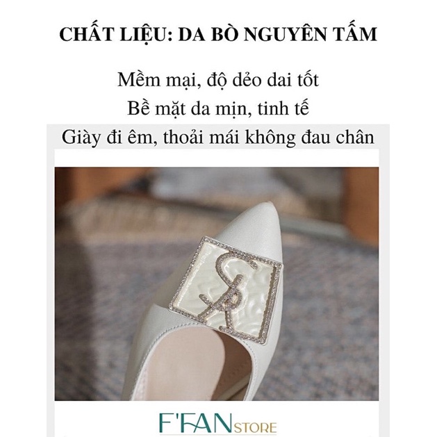 Giày cao gót nữ mũi nhọn [da thật] mềm mại, bít mũi gót vuông 3 phân đính đá s10, màu đen be trắng FFAN STORE