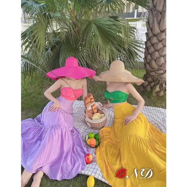 Set maxi gồm áo cúp ngực mix chân váy dài