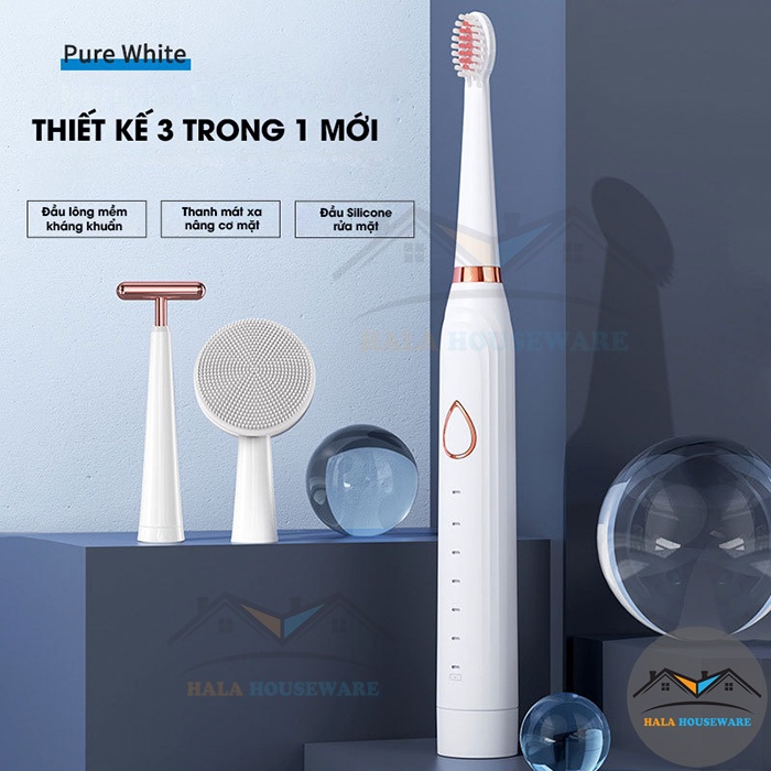 Bàn Chải Đánh Răng Điện Đa Năng 3 Trong 1 Làm Trắng Răng, Rửa Mặt, Mát Xa Bằng Kỹ Thuật Sóng Siêu Âm Hiện Đại