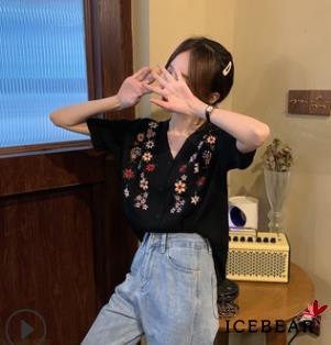 Áo Nữ Ngắn Tay Cổ Chữ V Thêu Hoa Thời Trang