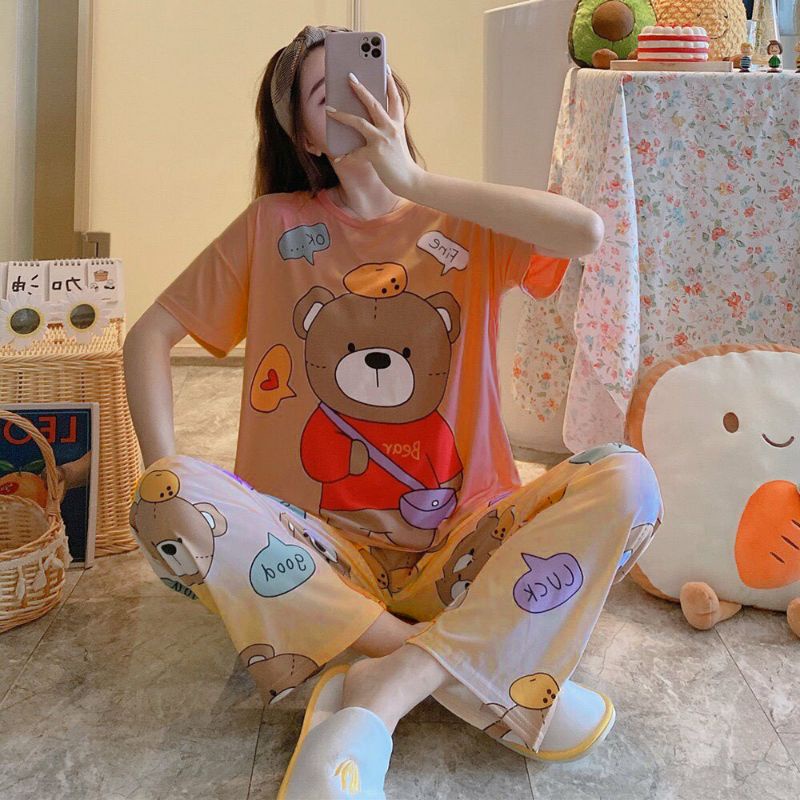 [SẴN] Đồ Bộ Ngủ Thun Quần Dài, Đồ Mặc Nhà Hàng Quảng Châu, Pijama Hoạt Hình chú gấu Bear