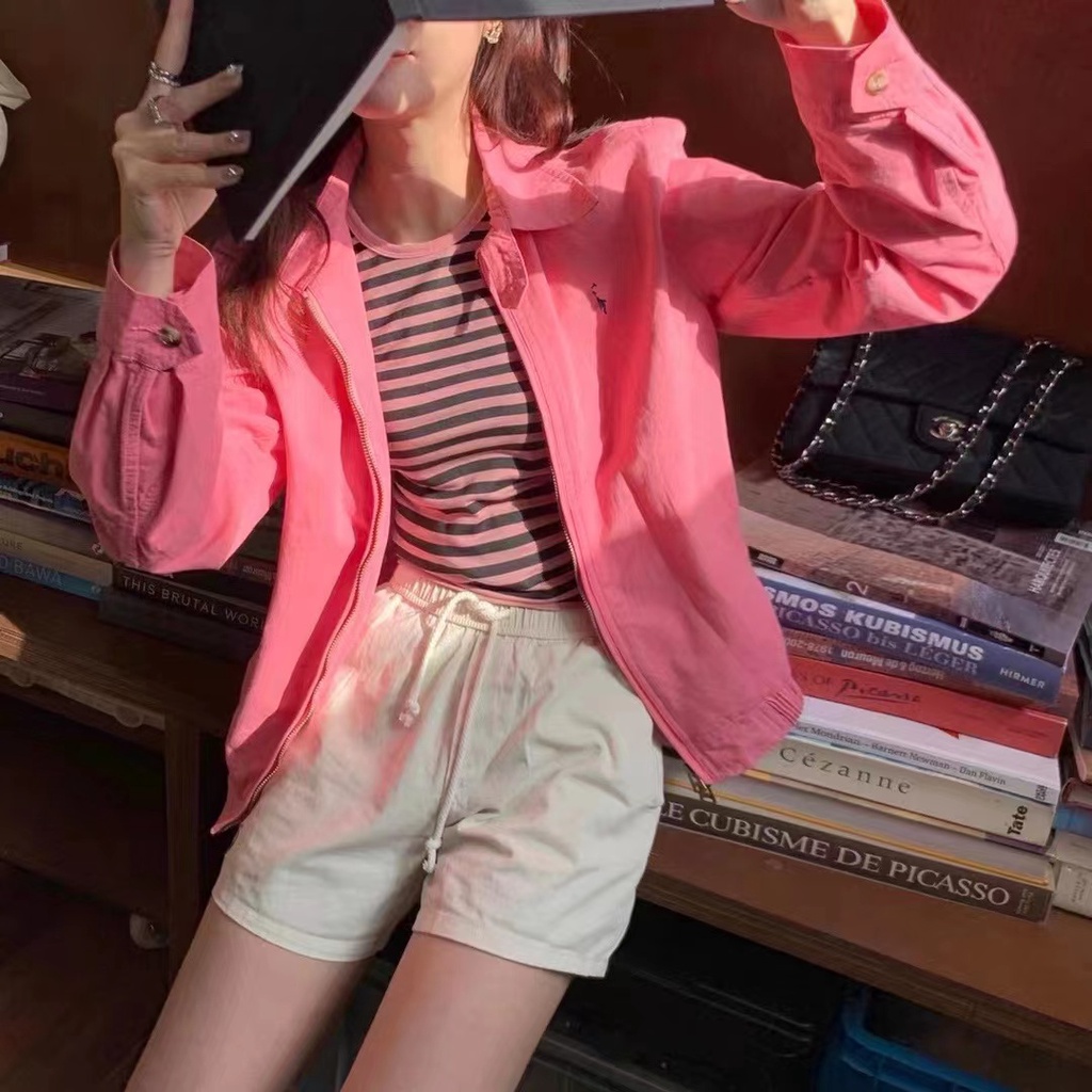 Polo Ralph Lauren* Áo Khoác Thể Thao Hai Màu Khaki Hồng Thêu Hình Ngựa Pony Phong Cách Mỹ Cho Cặp Đôi